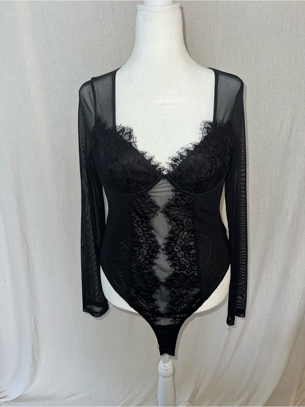 Lulu's Black Sheer Lace Long-Sleeve Bodysuit